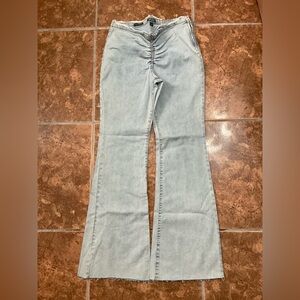 Light Wash Women's Flare Jeans with Front Ruching